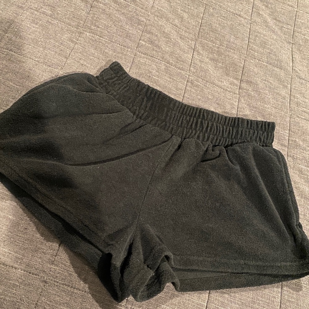 Towel cloth material, black shorts with two L,R side pockets ,super comfy & soft